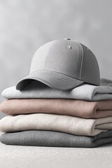 Stylish gray cap atop soft, patterned fabrics on a neutral background, showcasing a modern, minimalist aesthetic. Snapback cap mockup