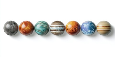 Colorful orbs align, resembling planets, casting soft shadows on white background