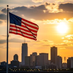 Naklejka premium American flag waving in front of a city skyline at sunset