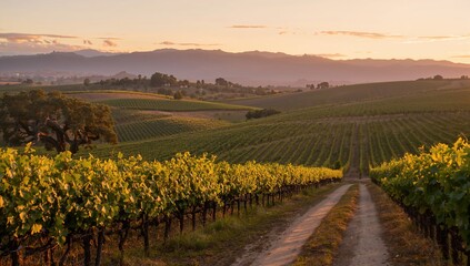 Grapevines extending across a hillside in a scenic vineyard, suitable for harvest activities