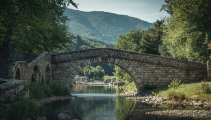 Fototapeta premium Old stone arch bridge at Kokori spanning the Voidomatis River, emphasizing preservation and water flow