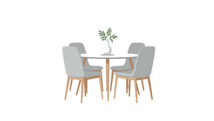 Fototapeta premium Modern round white dining table surrounded by four stylish grey chairs, elegantly adorned with a small plant in a vase.