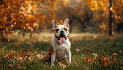 Obraz premium French bulldog in fawn and white coloring resting among autumn leaves and grass, ideal for nature-themed layouts