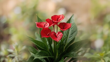 Vivid flamingo flowers with dewy petals in a house garden, emphasizing botanical care and seasonal growth, Earth Day