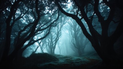 A winding path leads through a dense forest filled with tall trees. Thick fog hangs low creating a mysterious atmosphere. Morning light filters softly through the branches.