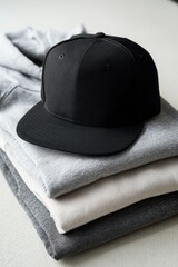 A stylish black cap rests atop neatly folded gray and white sweatshirts on a light background. Snapback cap mockup