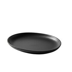 Pristine black ceramic oval plate with a subtle curved rim, smooth surface, isolated on a stark white background with soft diffused lighting and shadow. Concept of sophisticated simplicity