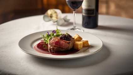 Roasted duck fillet served with berry sauce and salad, emphasizing a savory main course with fruit accents