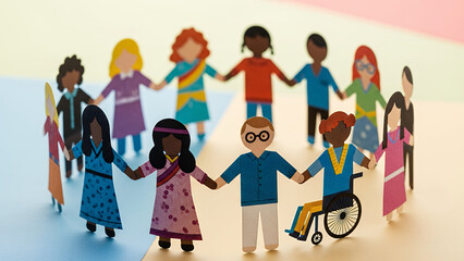 Diverse paper figures holding hands in circle on colorful background  