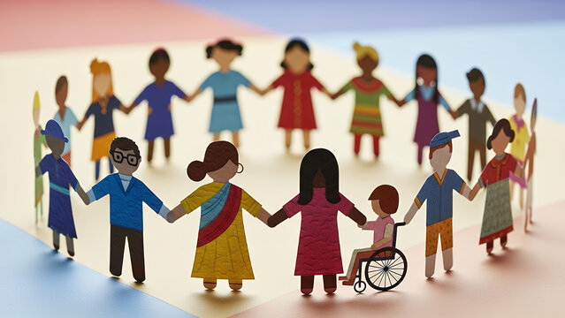 Diverse paper cutouts of people holding hands in unity circle  