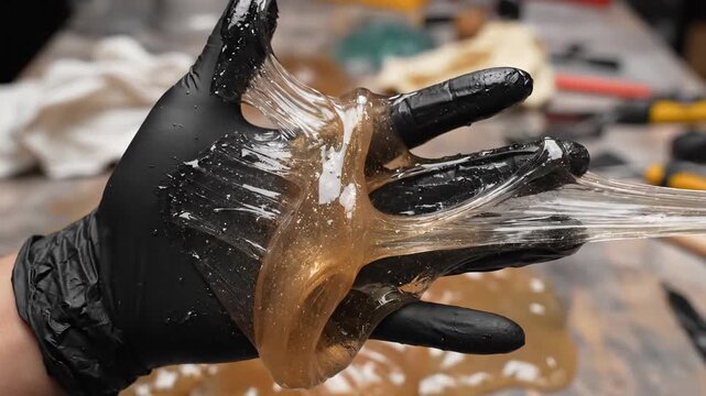 Hand Covered In Black Gloves Holding Sticky Translucent Amber Slime With White Particles Scattered And Stretching Out Over A Metal Table Surface With Blurred Tools In The Background