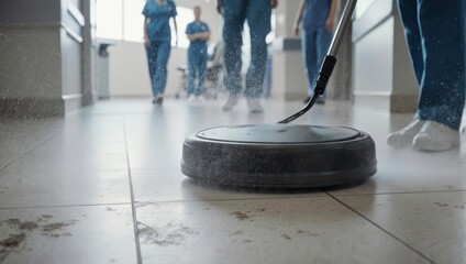 Professional Floor Cleaning Machine in Action with People in Background.