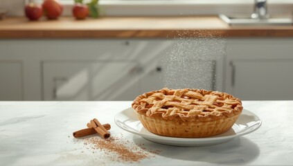 Freshly baked apple pie on a dish, highlighting classic dessert preparation for a family gathering