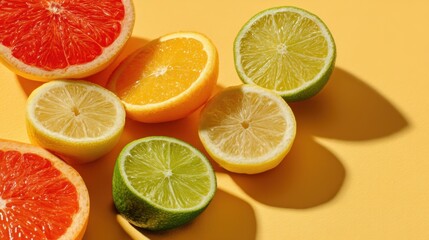 Fototapeta premium Different types of citrus fruits are arranged on a bright yellow surface. The fruits include grapefruit lemon lime and orange in various cuts.
