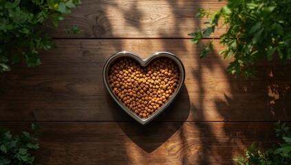 Dog or cat meal served in a heart-shaped dish on wood with natural light, highlighting dietary focus for pet well-being