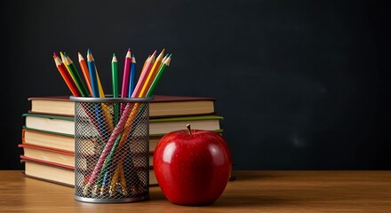 Colorful Pencils in a Cup with Books and Apple on Desk