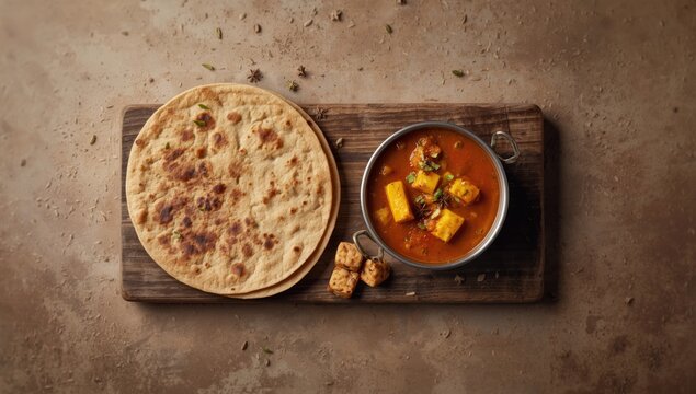 Homemade wheat flatbread with multiple layers paired with paneer curry, suitable for cultural cuisine