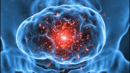 Human prostate cancer highlighted within male body, glowing blue x-ray style, with bright red tumor spot