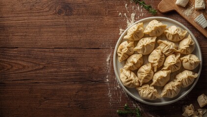 Fototapeta premium Chinese-style dumplings arranged for cooking, highlighting dough texture and filling, Food preservation awareness