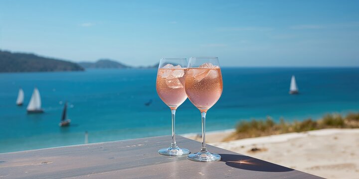 Summer scene featuring chilled rose wine glasses with a blue ocean backdrop, perfect for leisure
