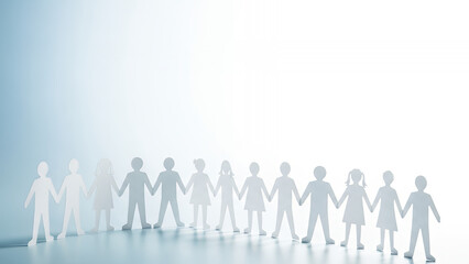 Paper cutout figures holding hands against a light blue background  