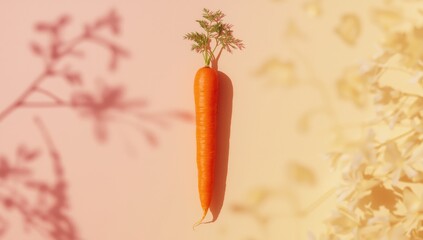 Carrot with artistic shadow on pastel pink and yellow background, suitable for spring design backgrounds, Easter observance