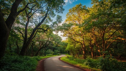 Woodland pathway surrounded by trees and sunlight in a forest landscape, summer environment, ideal for UI backdrop