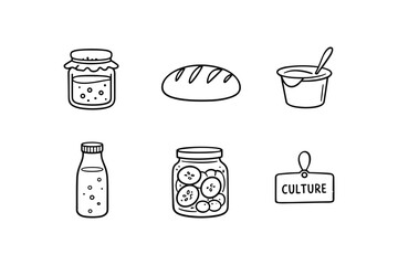 Hand-drawn food icons featuring bread, jam, yogurt, and pickles