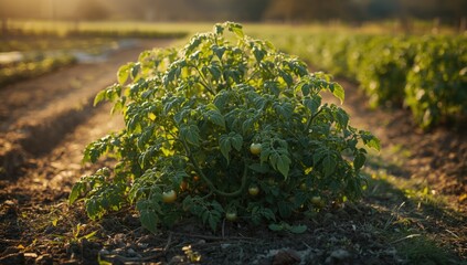 Healthy tomato plants reaching towards sunlight in an outdoor farm, highlighting vigorous growth and spring season