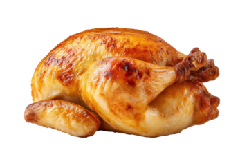 Whole roasted chicken with golden brown crispy skin on black background bird poultry, Png, Isolated on Transparent Background, Cut Out