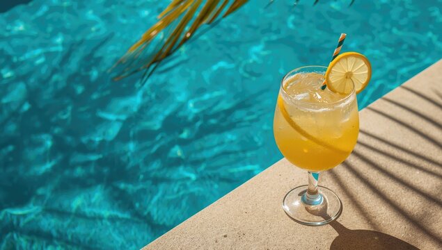 Cold beverage garnished with fruit slices beside a poolside setting, suitable for warm weather