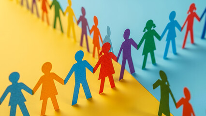 Colorful paper figures holding hands on yellow and blue background 