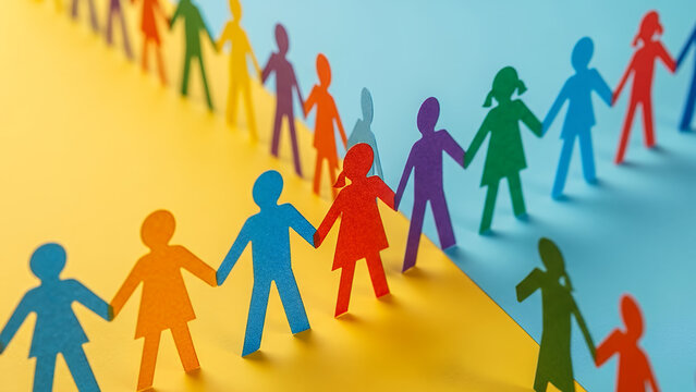 Colorful paper figures holding hands on yellow and blue background  