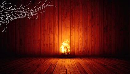 Wooden surface with abstract black and white lines, illuminated by fireplace glow, ideal for festive holiday backgrounds