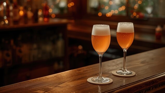 Two bellini glasses filled with champagne on a retro-themed celebration backdrop, emphasizing cocktail and wine presentation