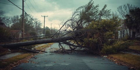 Windstorm impact on urban trees and utility wires, highlighting maintenance challenges