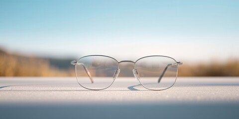 Eyeglasses with clear lenses and detailed frame structure, set against an out-of-focus backdrop, for visual clarity enhancement