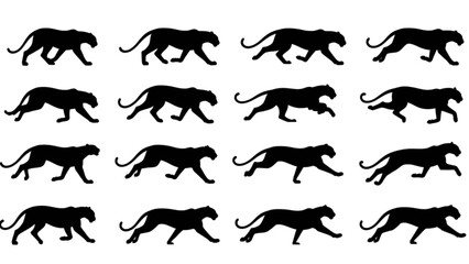 Dynamic black panther silhouettes illustrating a full stride cycle on a clean white backdrop © Riyadkingline