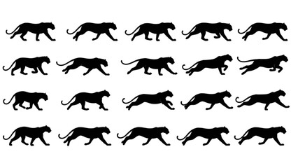 Black panther silhouettes in various walking and running poses illustrating movement © Riyadkingline