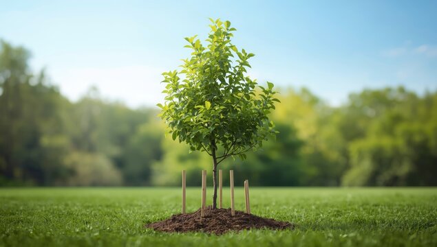 Young tree secured with stakes to prevent wind damage during development