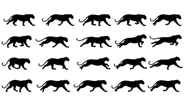 Black panther silhouettes in various walking and running poses illustrating movement