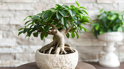 Beautiful bonsai tree in decorative pot on wooden table indoors