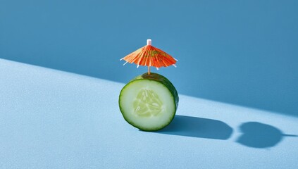 Cucumber slice with a tiny orange umbrella, casting a sharp shadow
