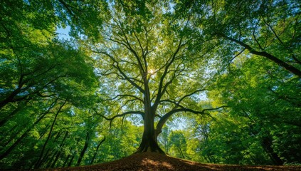 Bottom-up view of tree with lush green leaves and sunlight filtering through, seasonal change