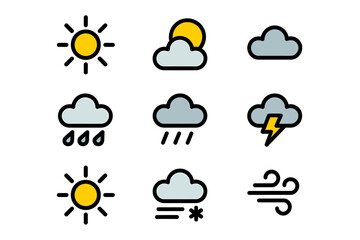Obraz premium Weather icons set including sun, clouds, rain, storm, and snow isolated on white background