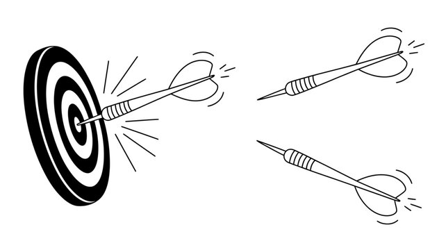 Vector illustration of a dart hitting a bullseye target with other darts flying isolated on white background.