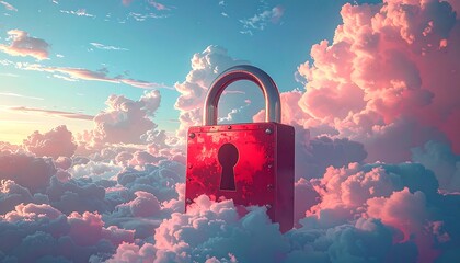 Secure Cloud - A Red Padlock Amidst Dreamy Skies.