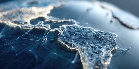 Networked globe with lines connecting points on the Americas, close-up view