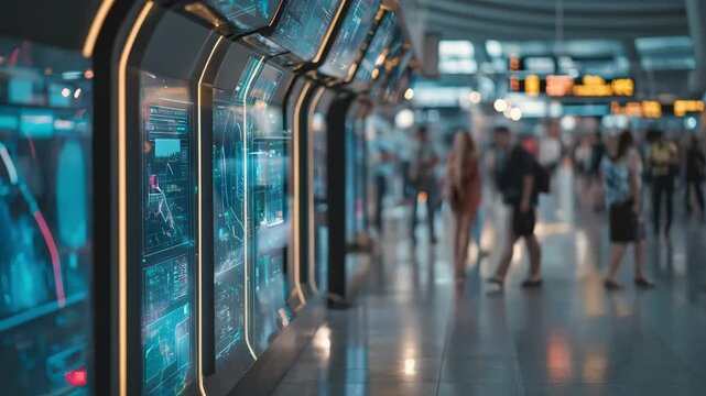 Medium shot of a futuristic travel hub with digital fare predictor displays showcasing realtime AIdriven cost forecasting for smart travelers