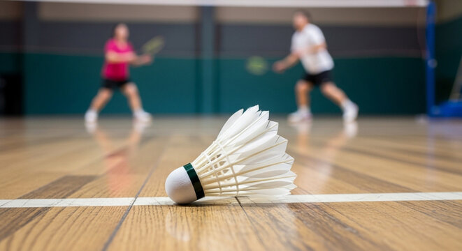 Badminton shuttlecock on court with players in background  